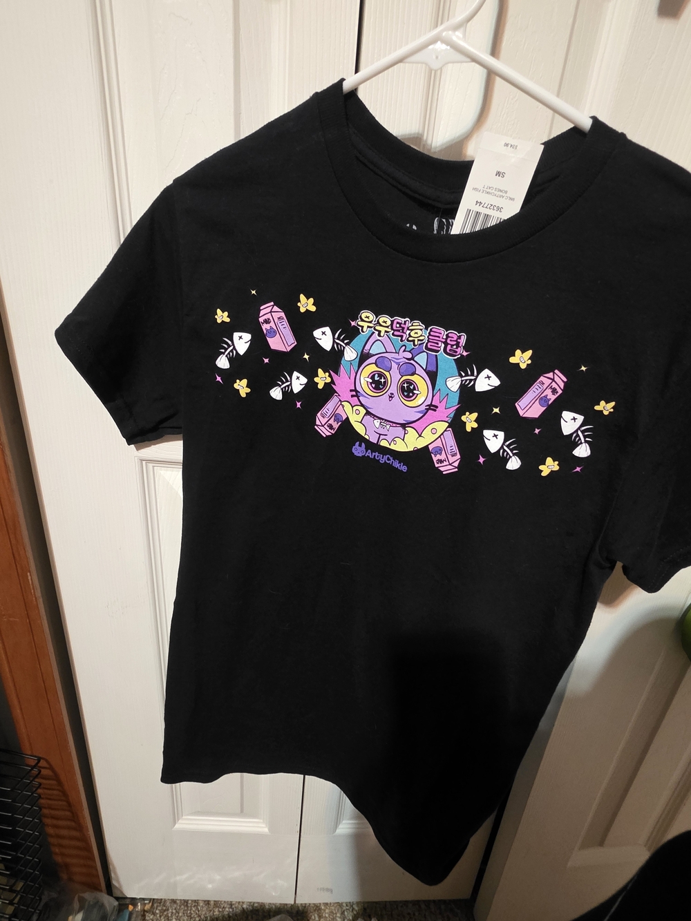 Juniors Black Graphic Tee with Cute Cartoon Print